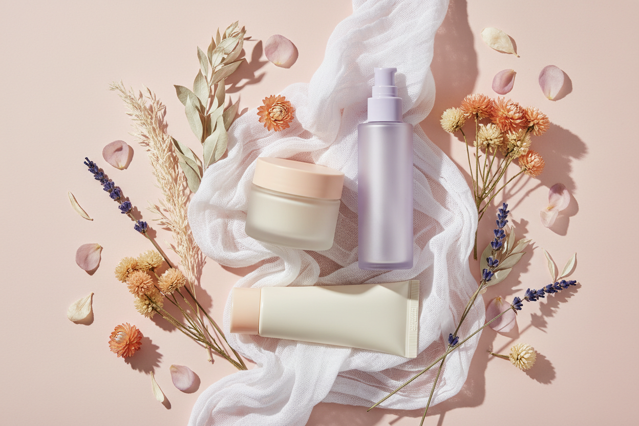 Super soft pastel skincare flat lay with ceramide moisturizer, hydrating toner, and gentle cleanser on a blush pink surface with dried botanicals and floral petals — skin barrier repair routine for dry climates in Canada