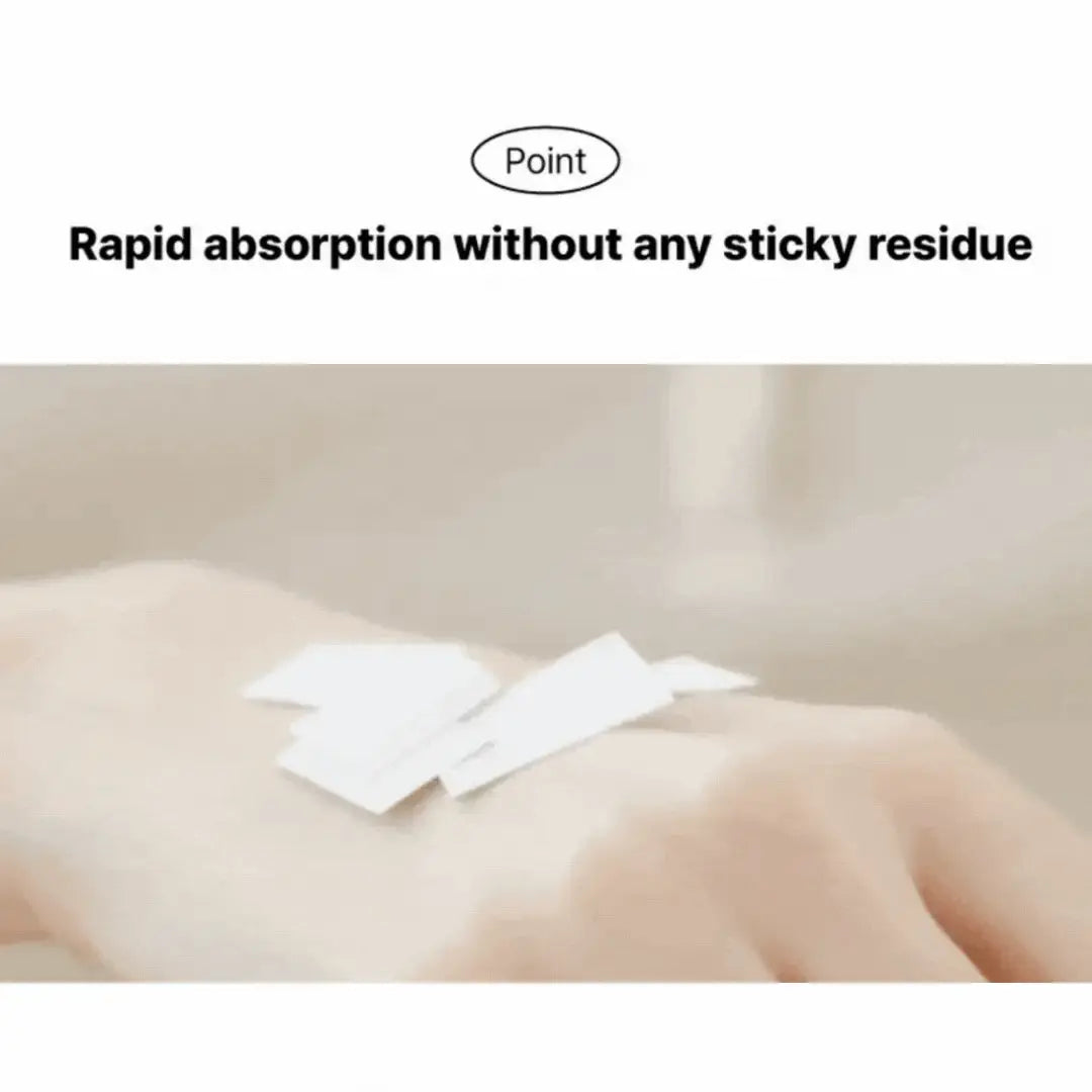White adhesive patch on a person's arm with text 'Rapid absorption without any sticky residue'.
