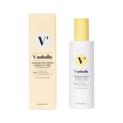 Vanhalla Ceramide Moisturizing Essence in Toner 250ml—2-in-1 essence + toner bottle and box for normal to dry skin.