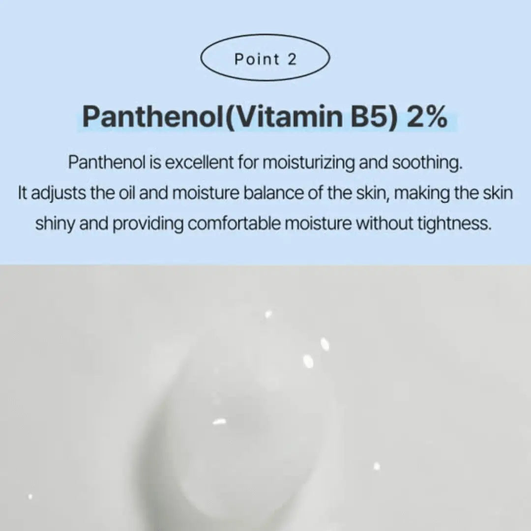 Text about Panthenol (Vitamin B5) 2% with a light blue background