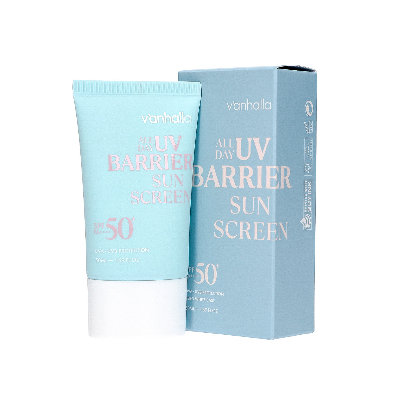 Vanhalla All Day UV Barrier Sunscreen SPF50+ PA++++—50ml tube and box