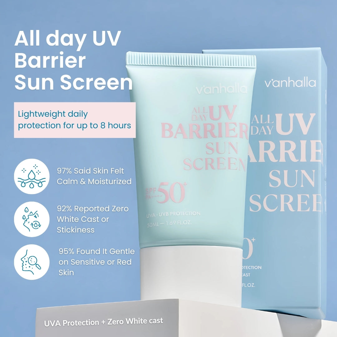 All Day UV Barrier Sunscreen—lightweight 8-hour daily protection; calm, moisturized skin with zero white cast.