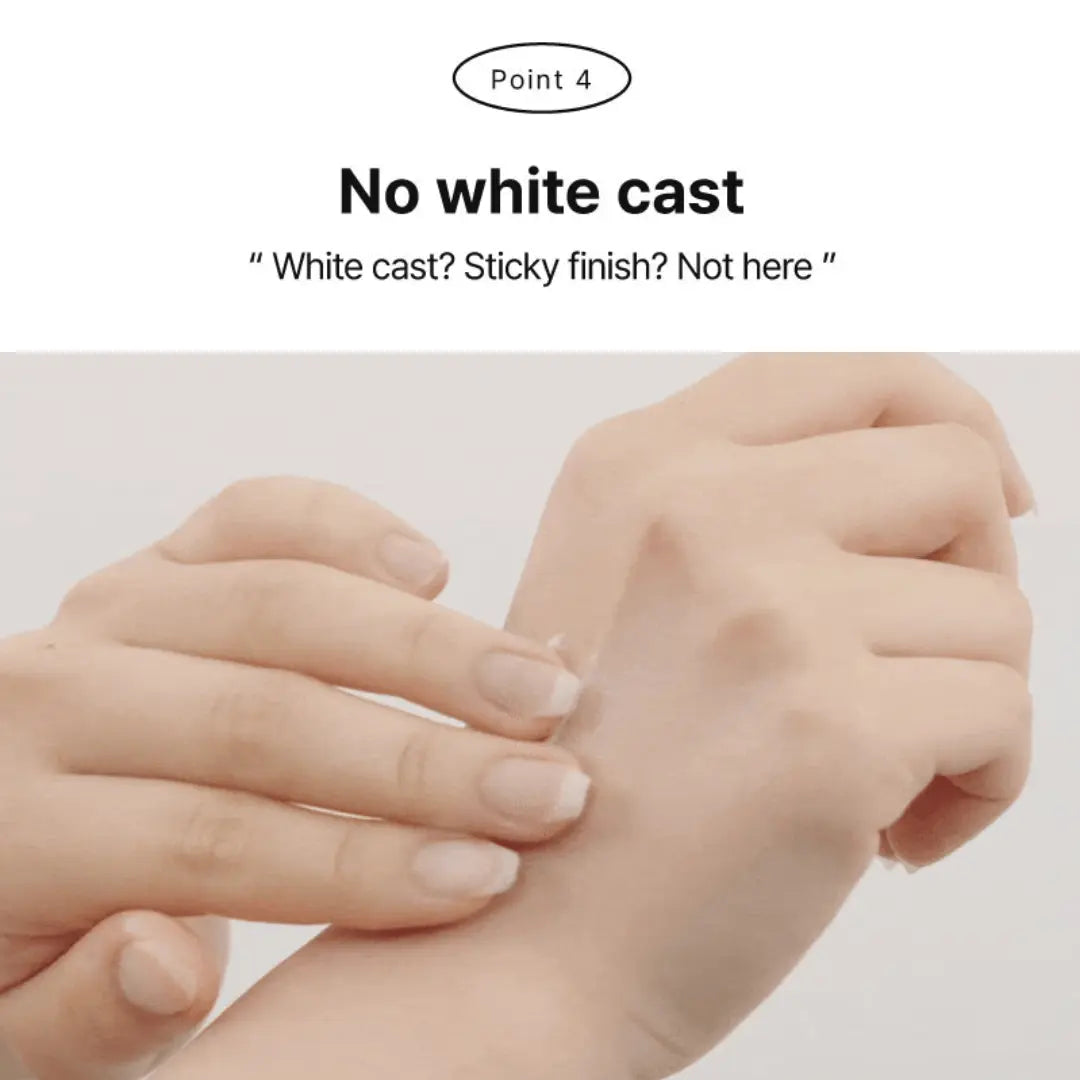 Close-up of hands with a focus on skin texture and finish, emphasizing 'No white cast' and 'Sticky finish' issues.