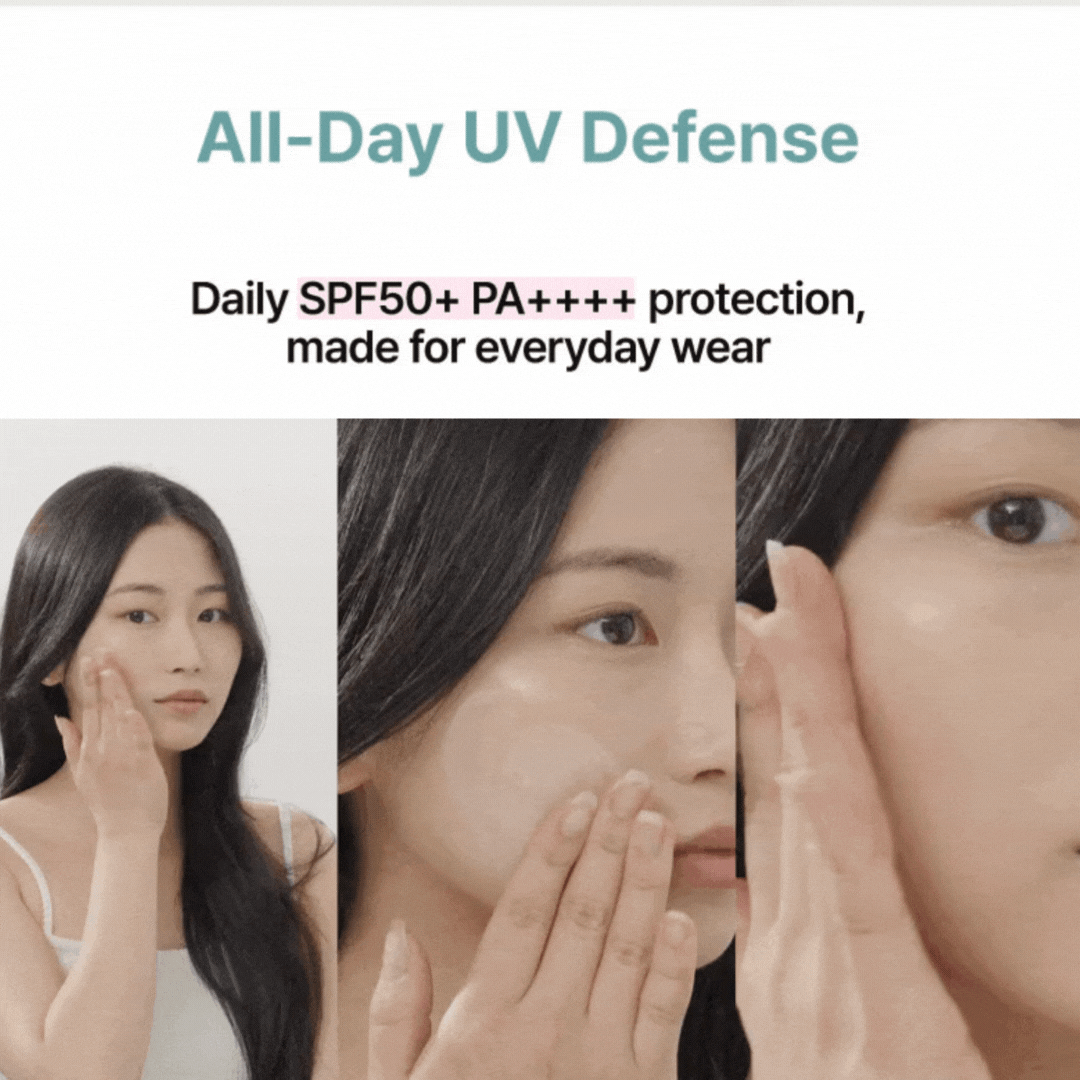 All-day UV defense—model applying sunscreen; close-ups of smooth, protected skin