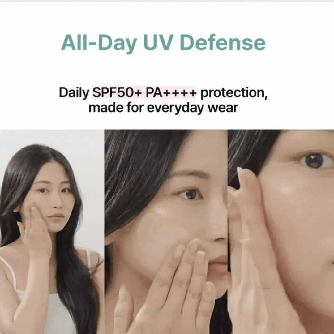 Woman applying sunscreen with text about All-Day UV Defense and SPF50+ PA++++ protection.