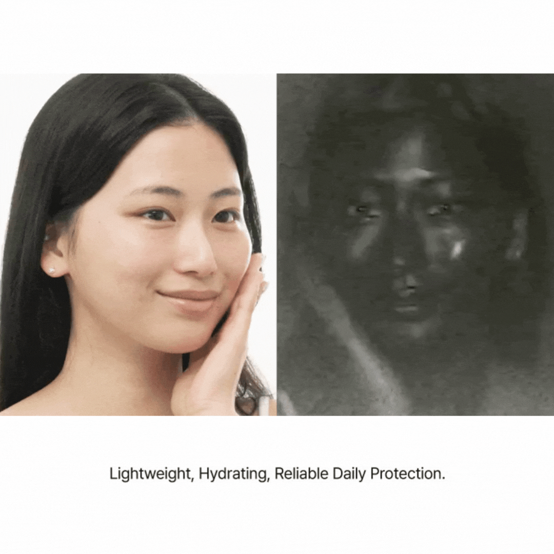 Model and UV-camera view showing even sunscreen coverage—lightweight, hydrating daily protection.