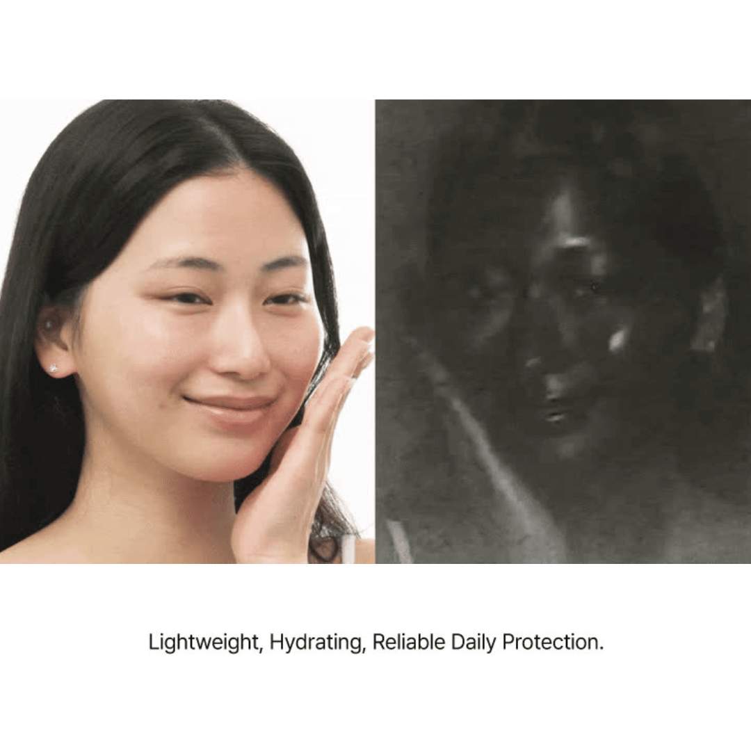 Woman applying sunscreen with a close-up inset showing skin texture, labeled 'Lightweight, Hydrating, Reliable Daily Protection'.