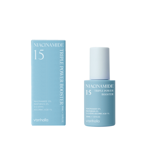 Vanhalla Niacinamide 15 Triple Power Booster—30ml bottle and box, niacinamide 15% with panthenol and vitamin C.