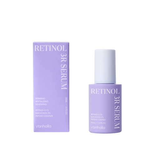 Vanhalla Retinol 3R Serum—30ml bottle and box; retinol 0.1%, bakuchiol 2%, peptide complex.
