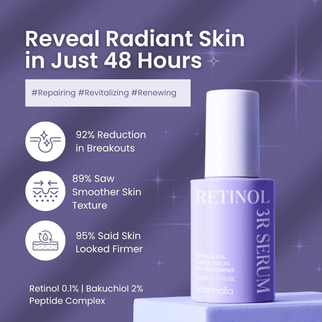 Retinol serum bottle with benefits on a purple background